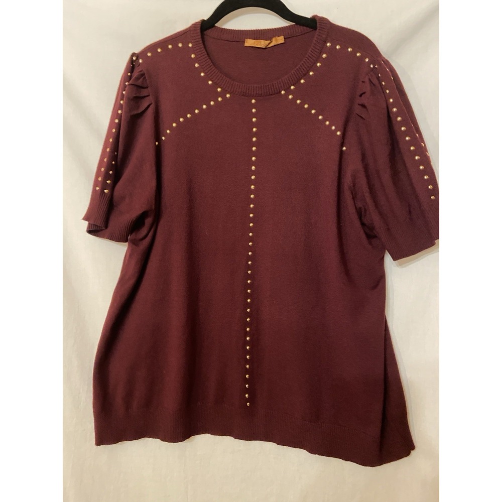Burgundy Gold Studded Embellished Pullover Blouse Sz 2X Stretch Dressy Classic